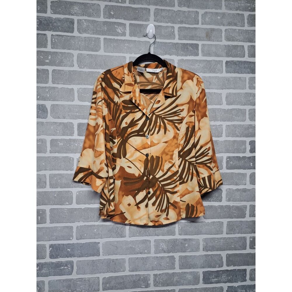 kathy Che Vintage Womens Palm‎ Print 3/4 Sleeve Collared Button-Up Shirt Size 12